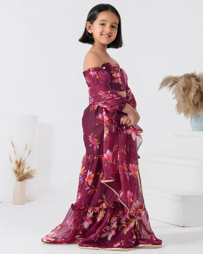 Mauve Floral Chiffon Sharara Set