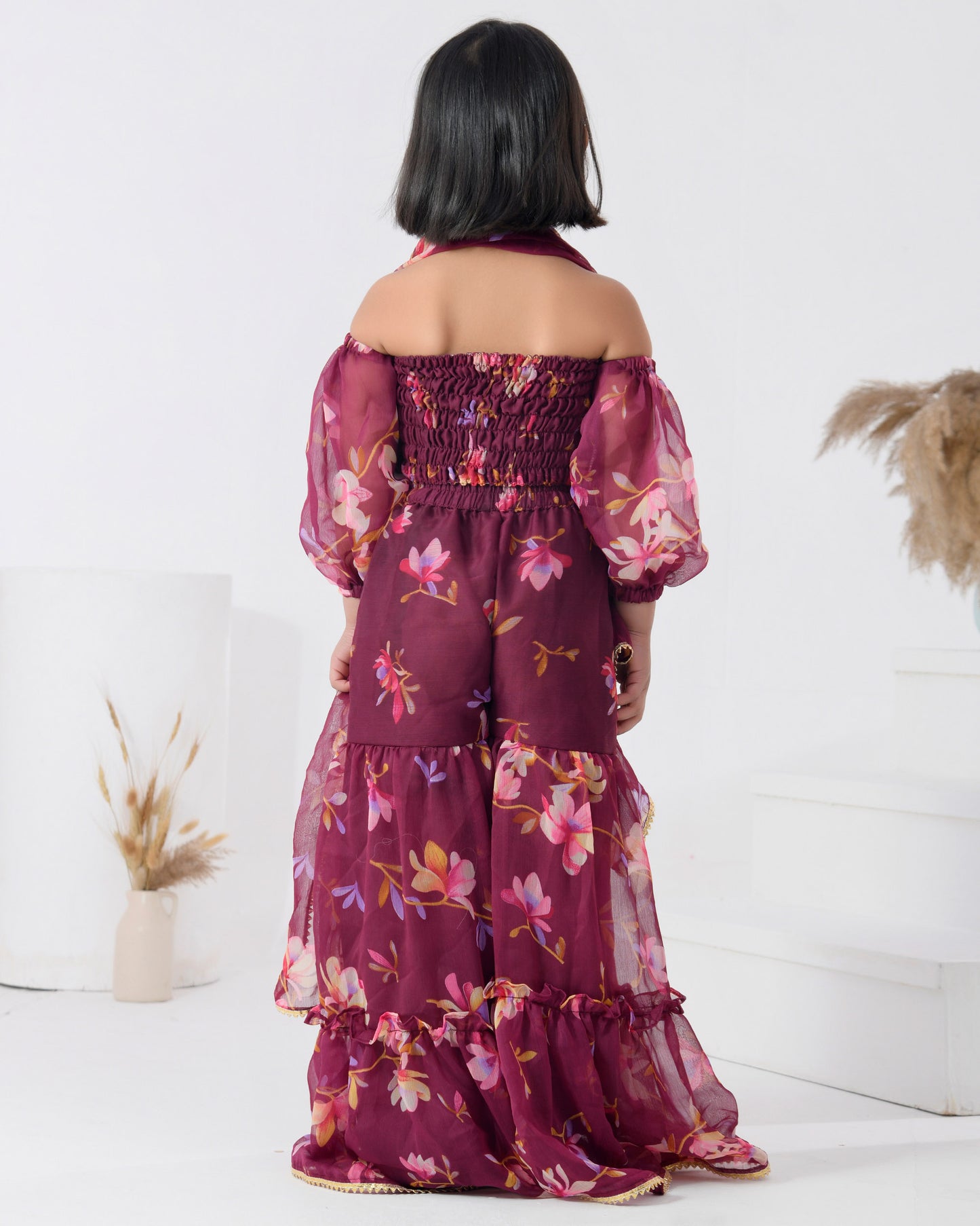 Mauve Floral Chiffon Sharara Set