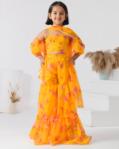 Yellow Floral Print Chiffon Sharara Set