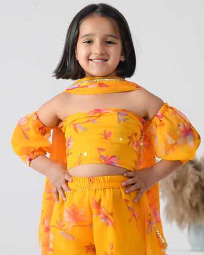 Yellow Floral Print Chiffon Sharara Set