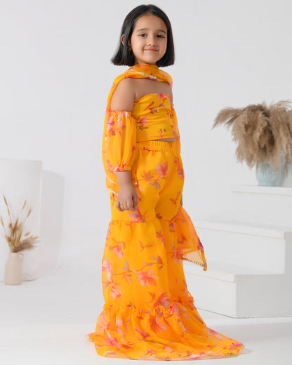 Yellow Floral Print Chiffon Sharara Set