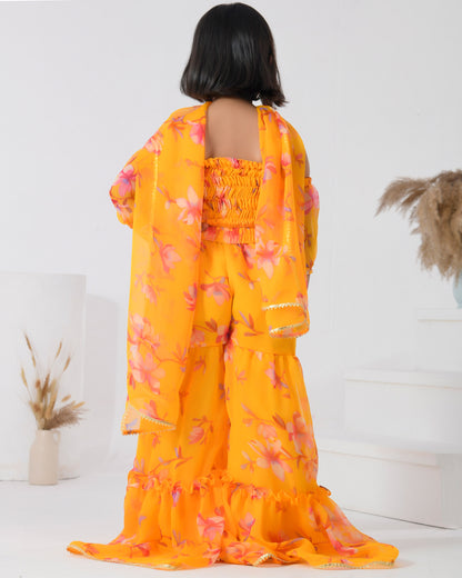 Yellow Floral Print Chiffon Sharara Set