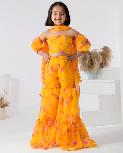 Yellow Floral Print Chiffon Sharara Set