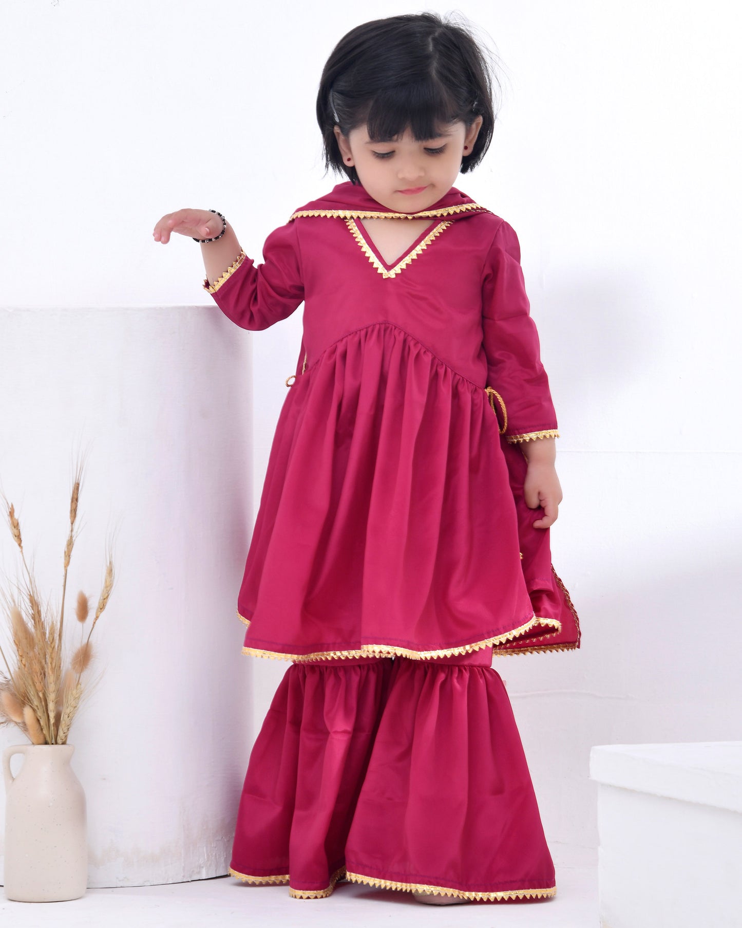 Garnet Pink Crepe Embellished Sharara Set