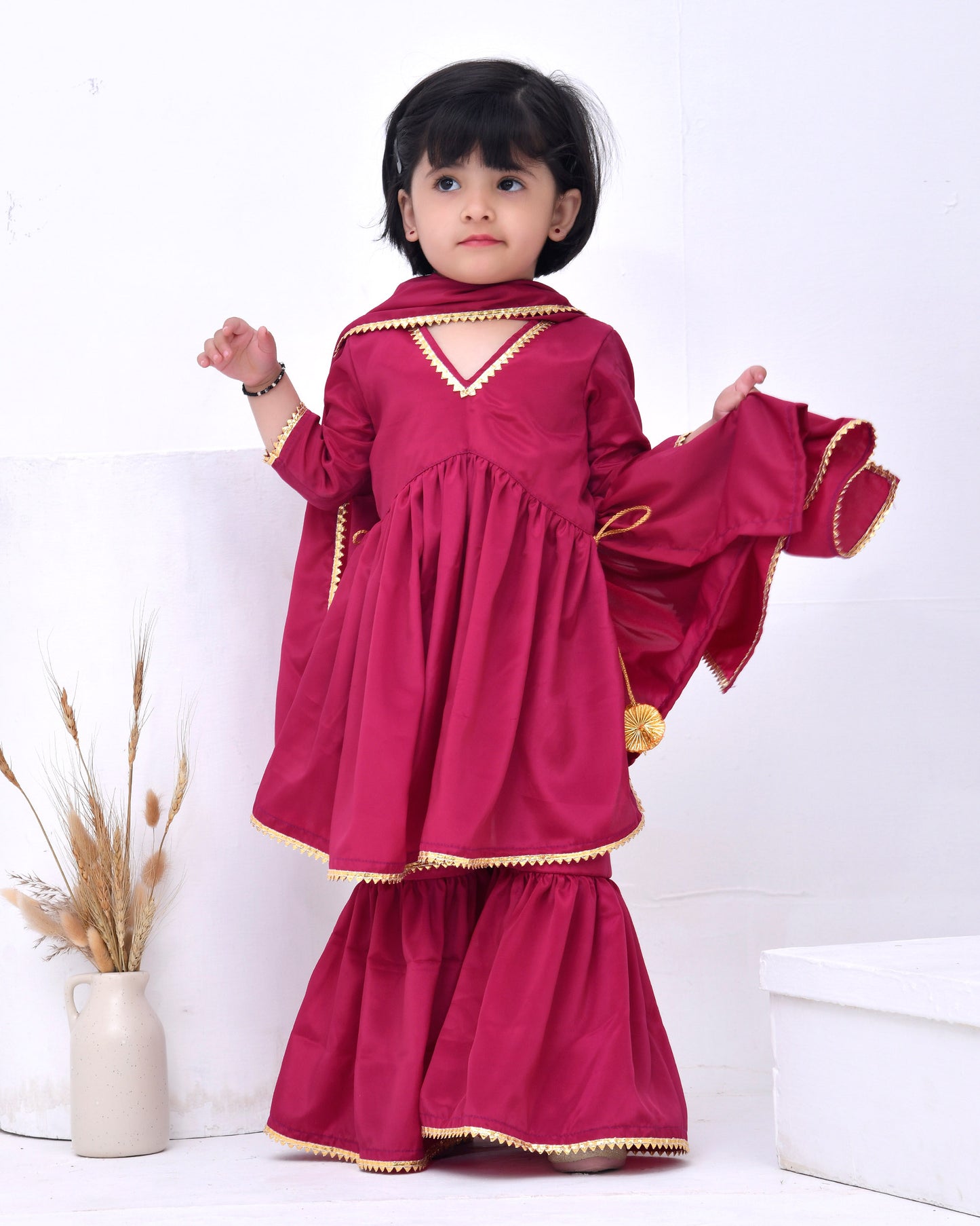 Garnet Pink Crepe Embellished Sharara Set