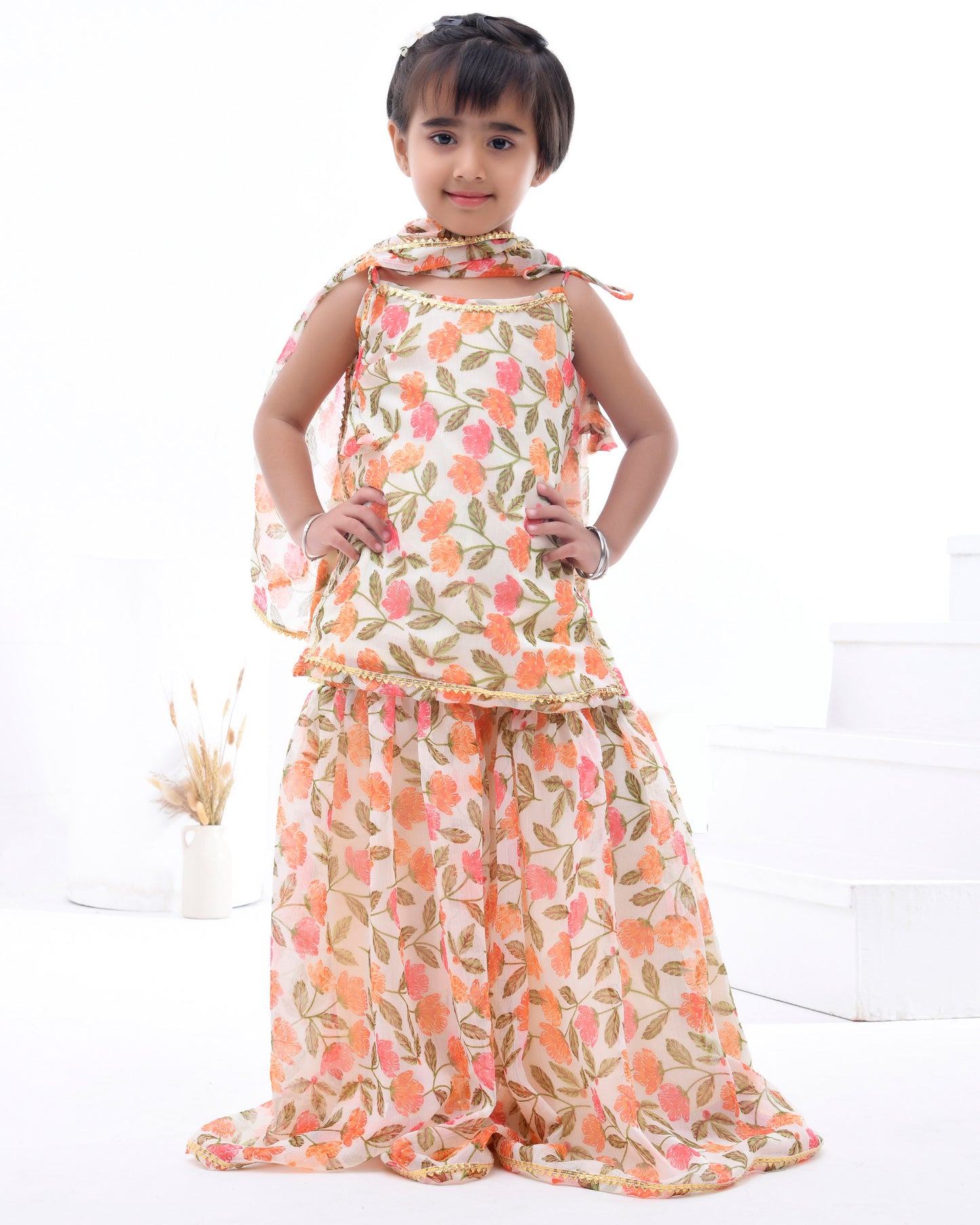 Off-white Floral Chiffon Embellished Sharara Set