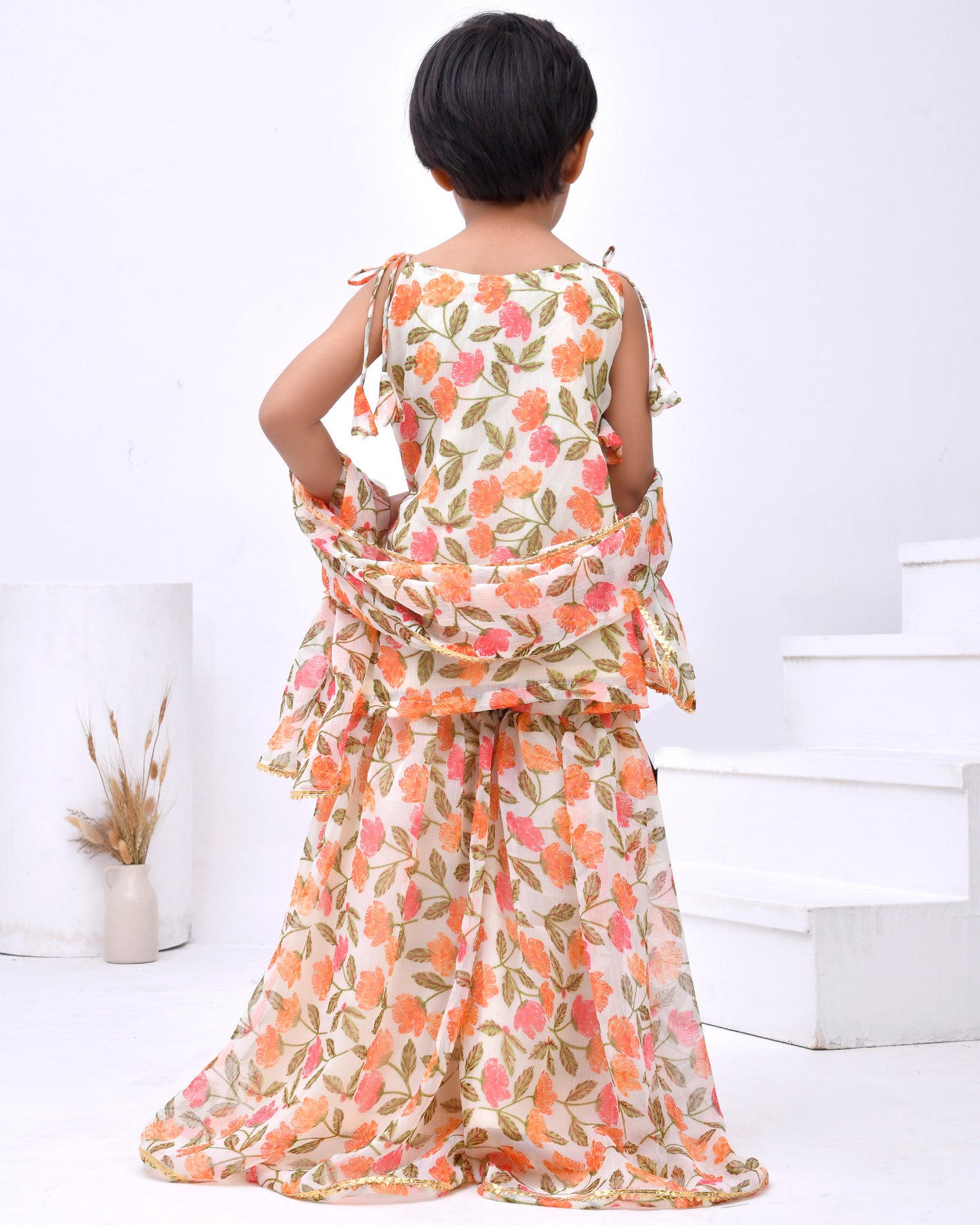 Off-white Floral Chiffon Embellished Sharara Set