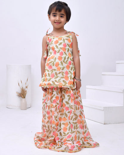 Off-white Floral Chiffon Embellished Sharara Set