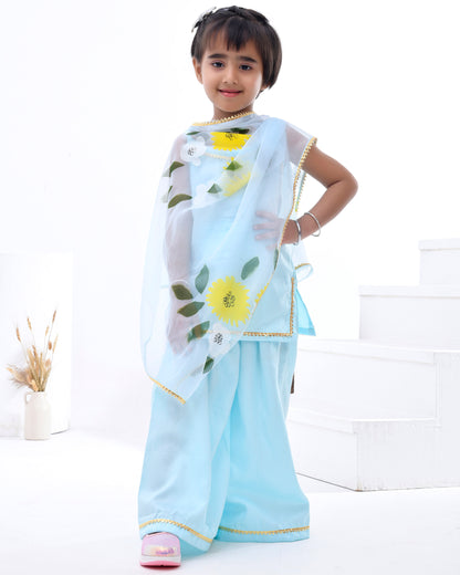 Sky Blue Cotton Silk Hand Painted Sharara Set