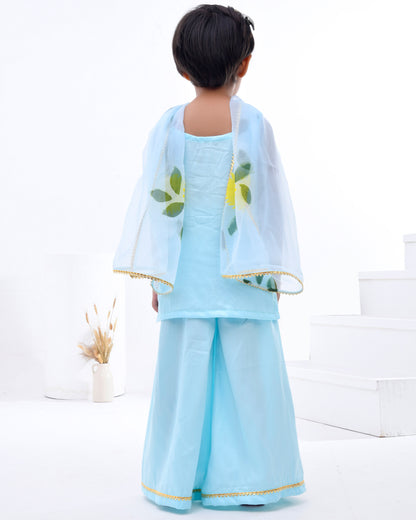 Sky Blue Cotton Silk Hand Painted Sharara Set