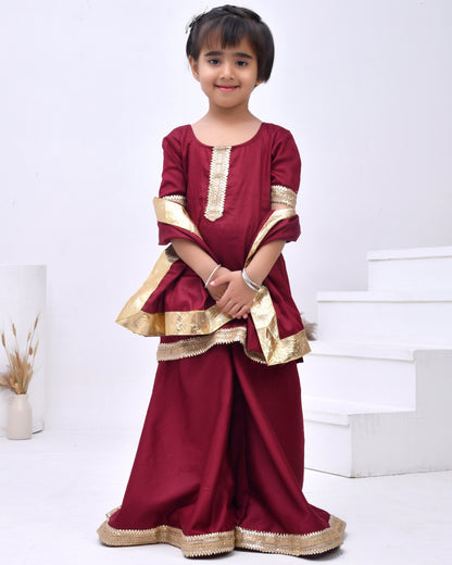 Maroon Taffeta Silk Embellished Sharara Set
