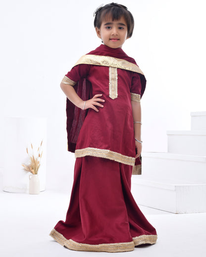 Maroon Taffeta Silk Embellished Sharara Set