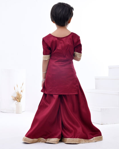 Maroon Taffeta Silk Embellished Sharara Set