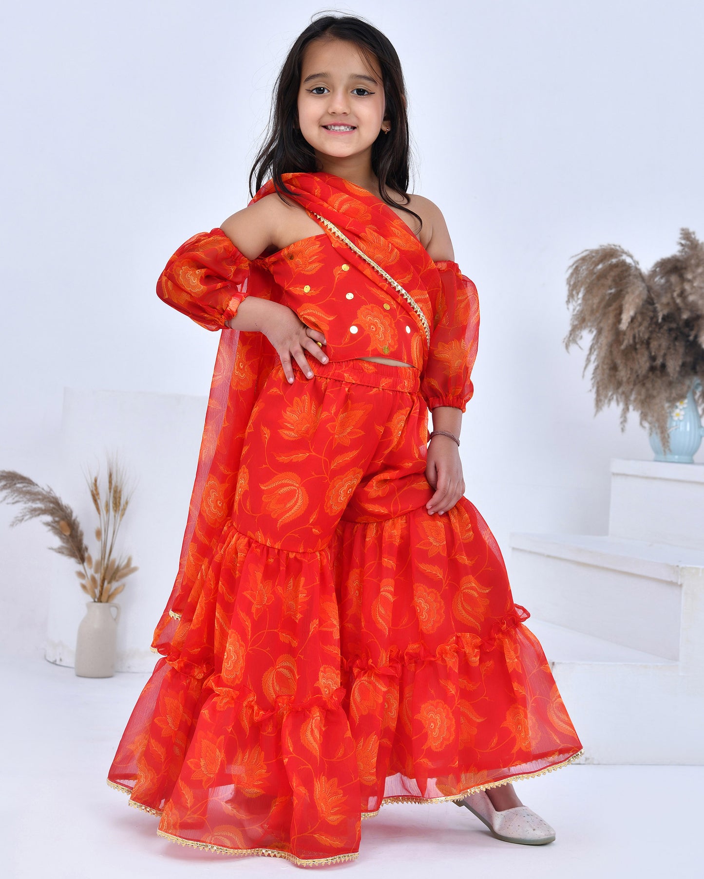 Orange Pre- Draped Sharara Saree With Blouse
