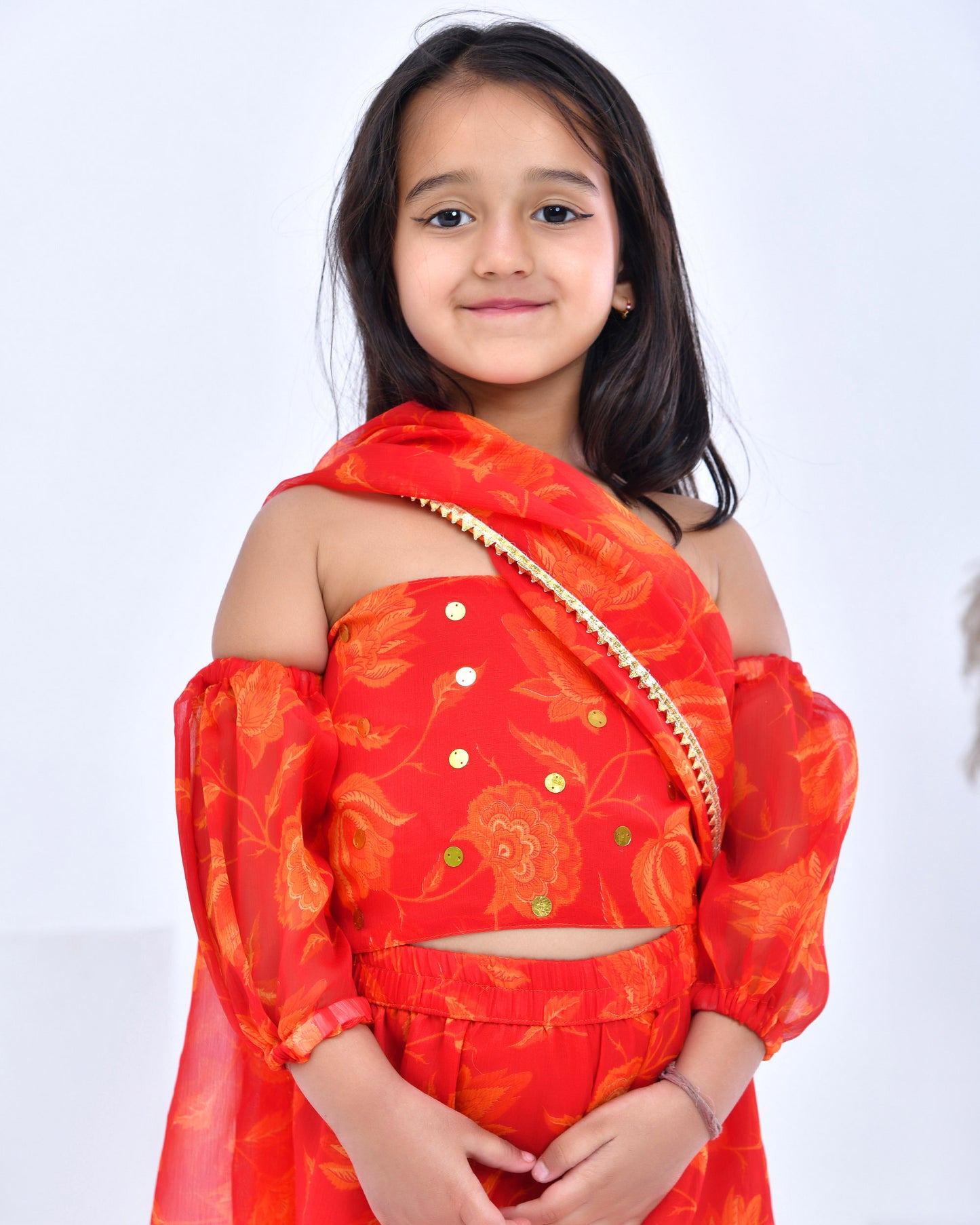 Orange Pre- Draped Sharara Saree With Blouse