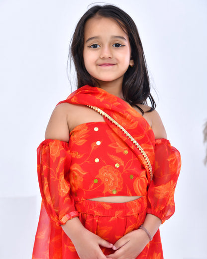 Orange Pre- Draped Sharara Saree With Blouse
