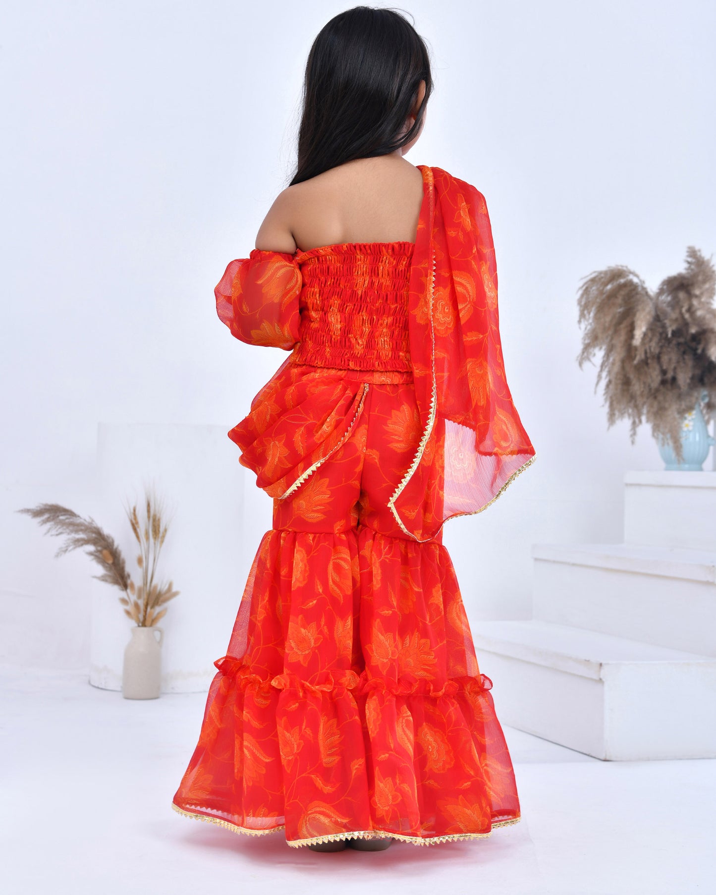 Orange Pre- Draped Sharara Saree With Blouse