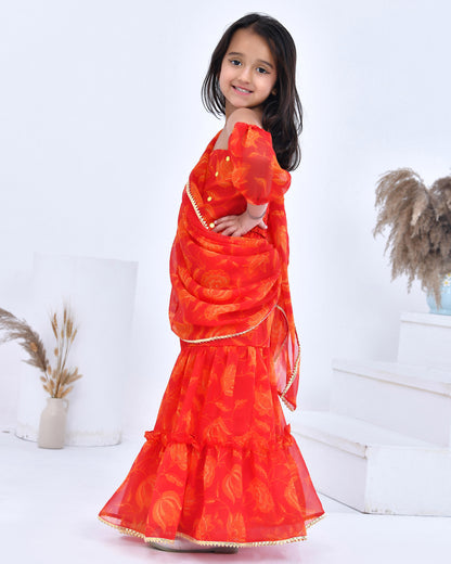 Orange Pre- Draped Sharara Saree With Blouse