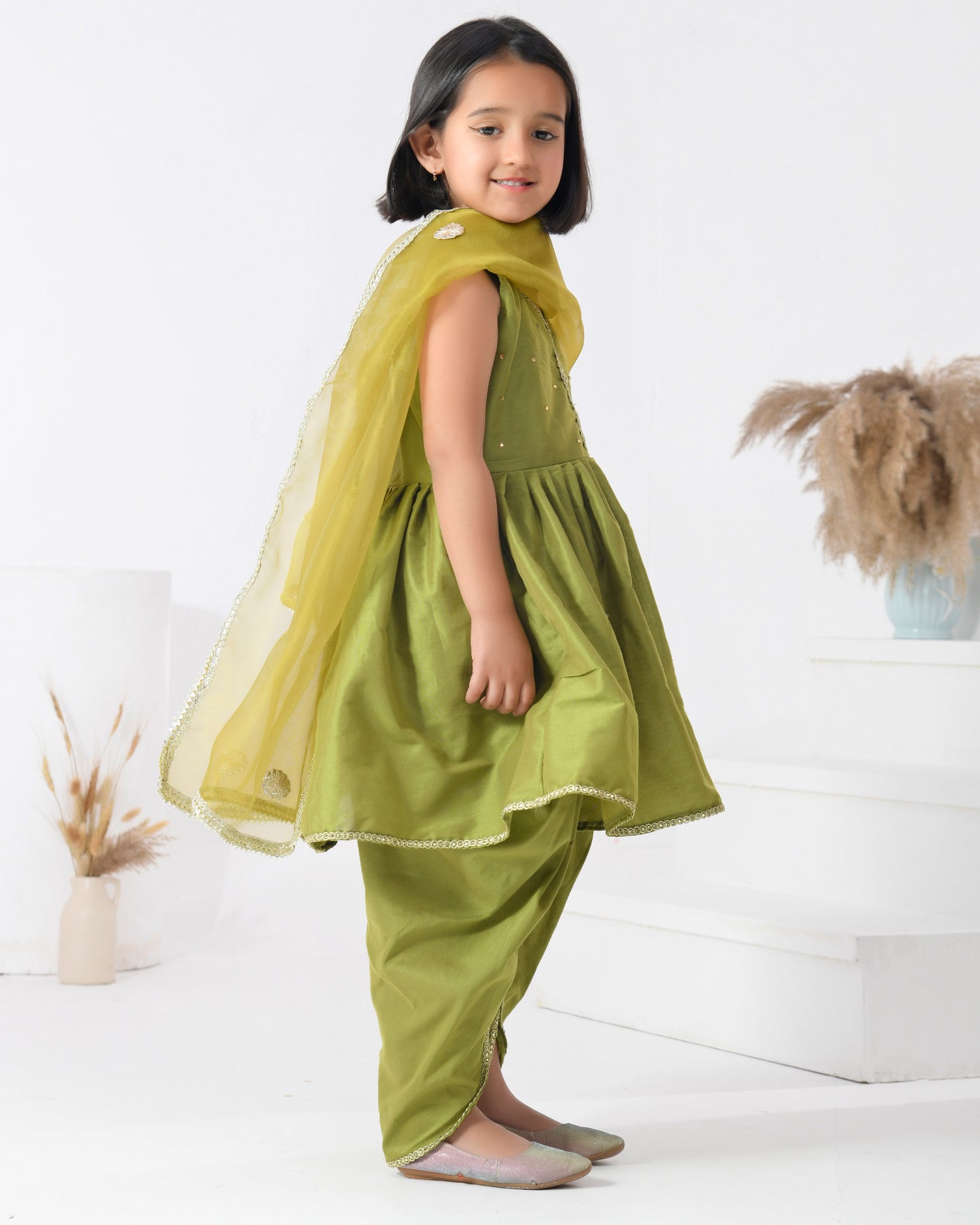 Green Taffeta Silk Dhoti Set