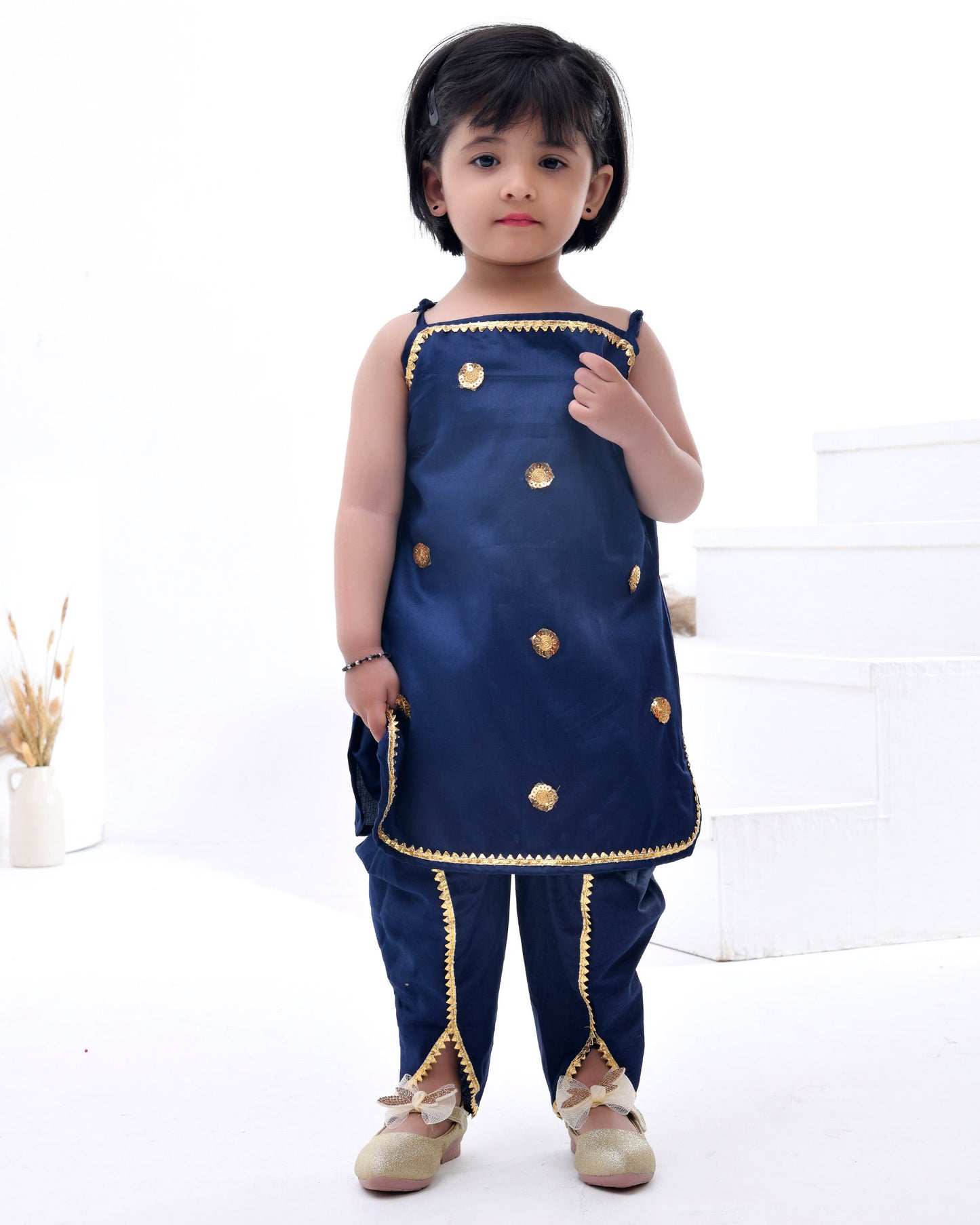 Navy Blue Cotton Silk Embellished Dhoti Set