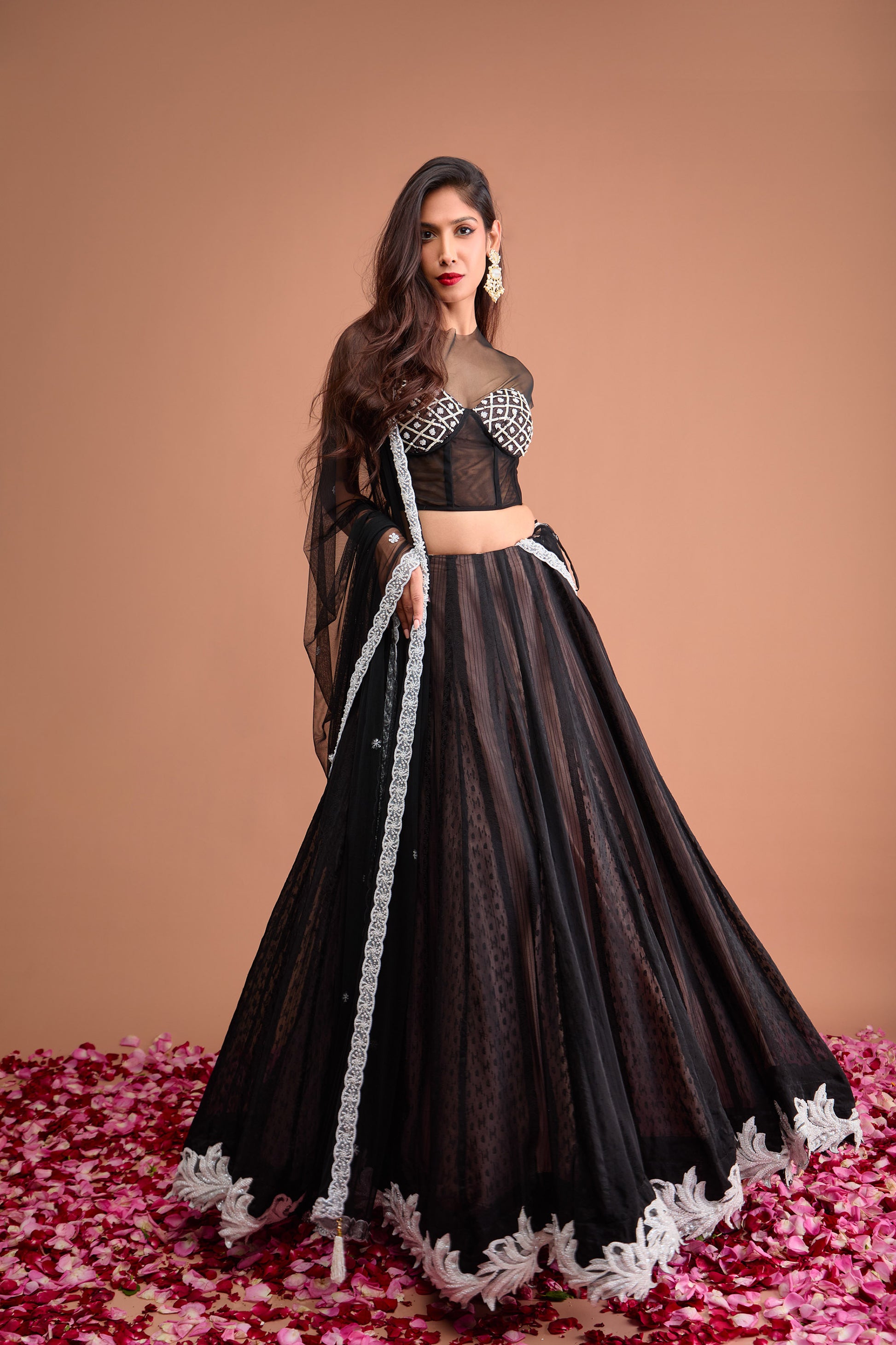 Black Organza jamdani cap sleeve corset blouse and lehenga set – Mohi fashion