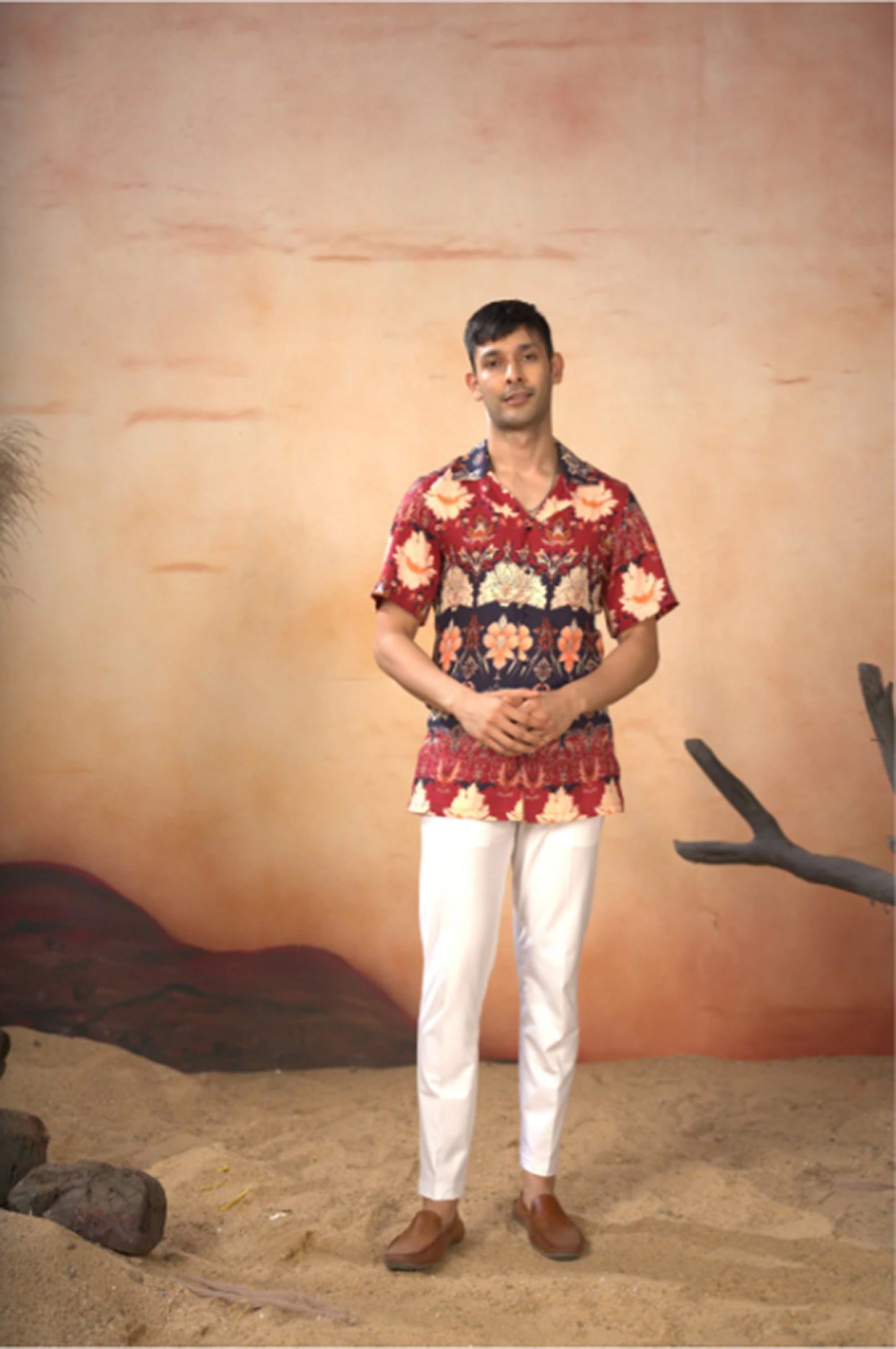 Navy Blue and Vibrant Red Cotton Satin Blossom Print Cotton Shirt