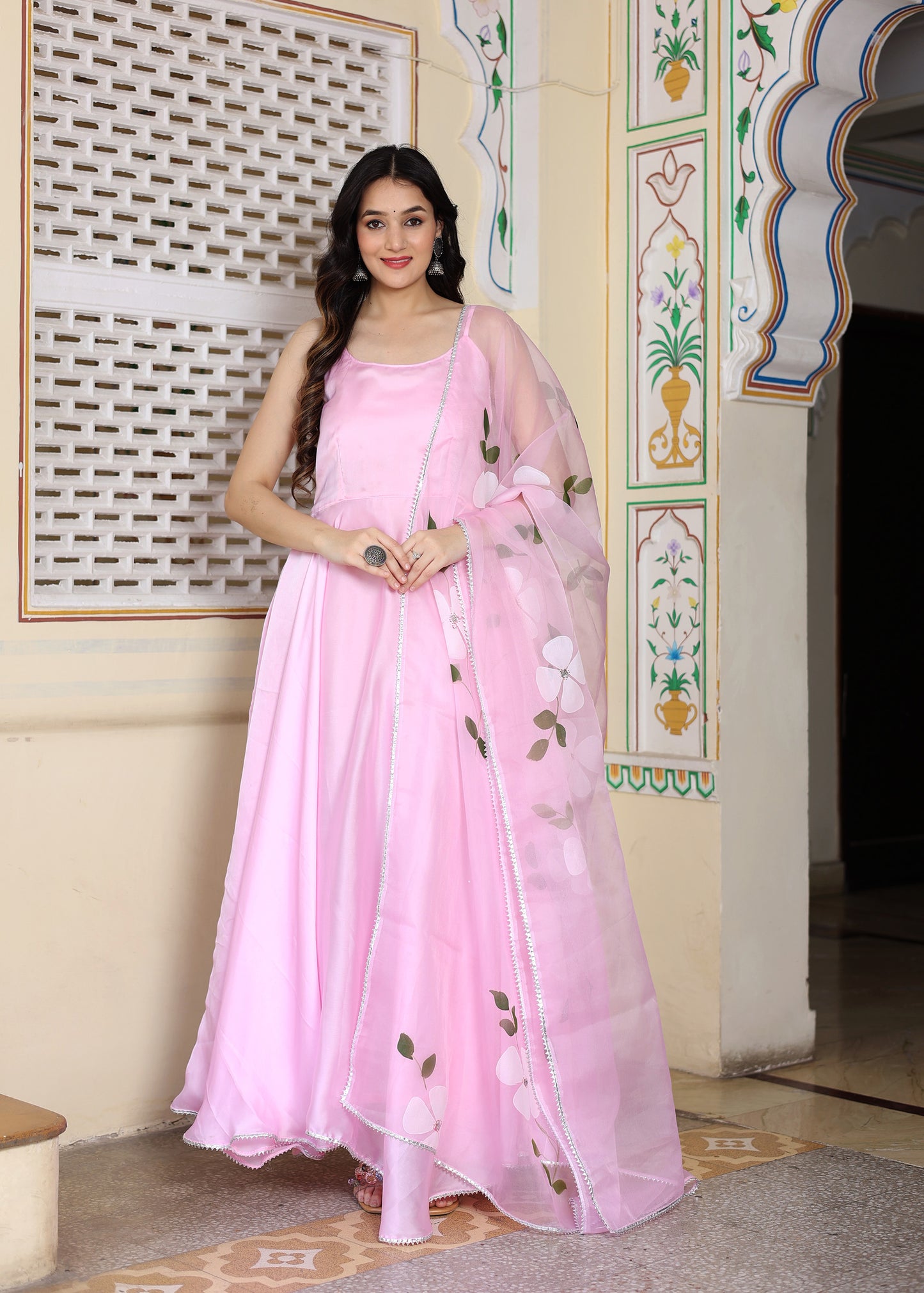 Pink Hand Painted Satin Silk Anarkali Set