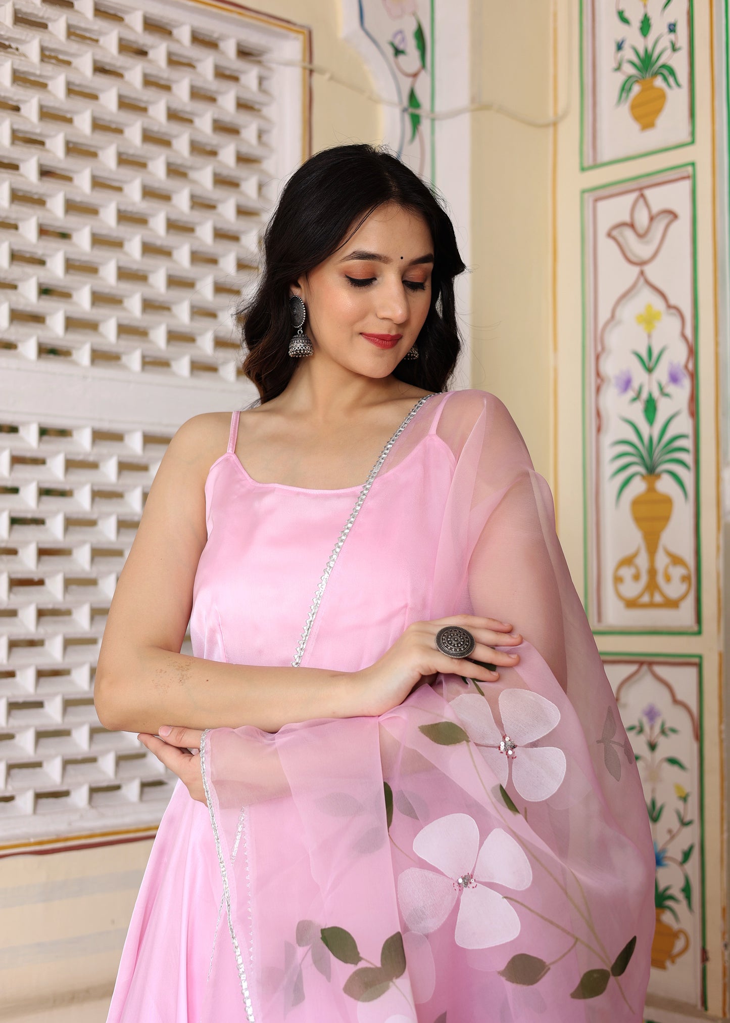 Pink Hand Painted Satin Silk Anarkali Set