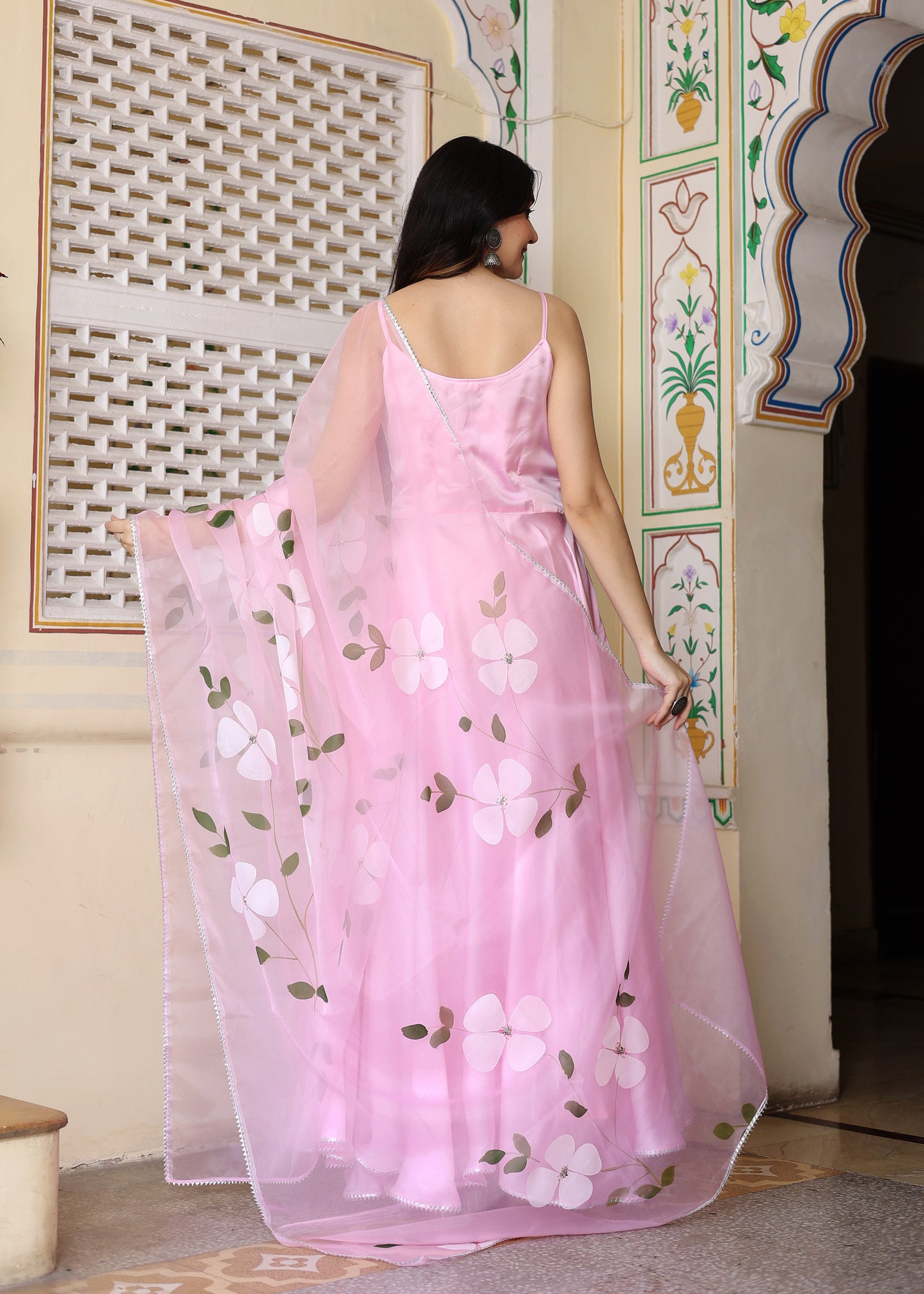 Pink Hand Painted Satin Silk Anarkali Set