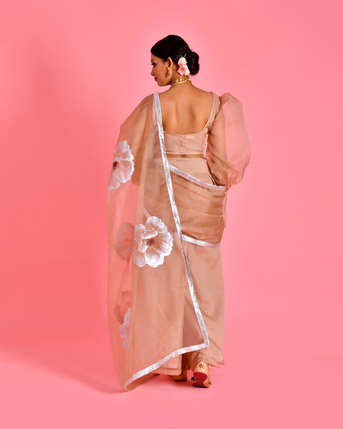 Raas Organza Beige Hand Painted Fusion Saree