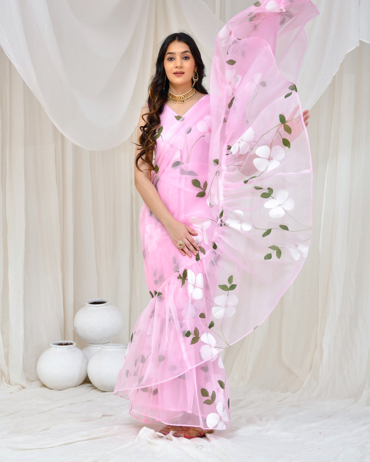 Pink Organza Hand Painted Gown Saree – Mohi fashion
