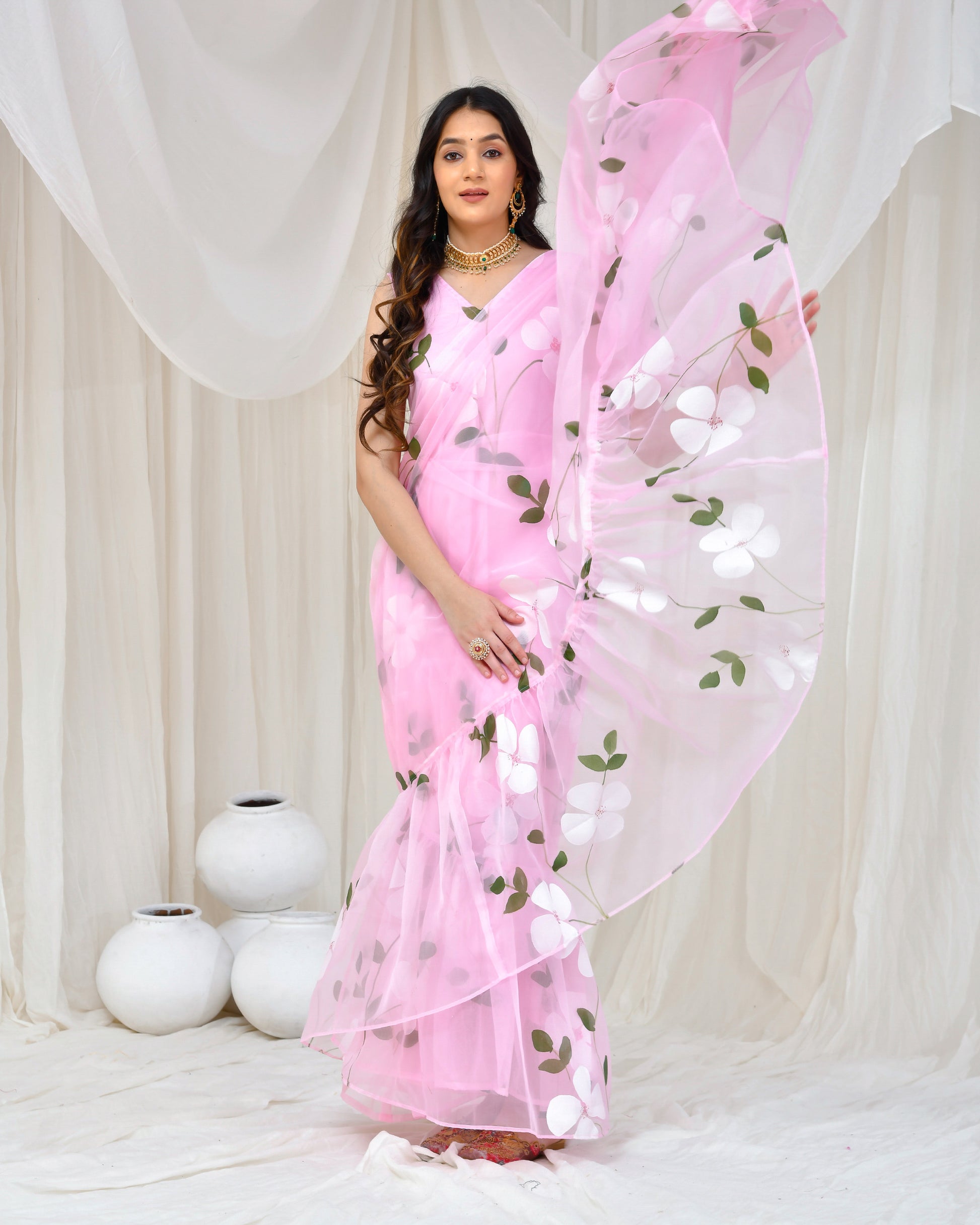 organza saree dress design Pista Khadi Organza Gown With Zari Weaving Work Ready to Wear Gown