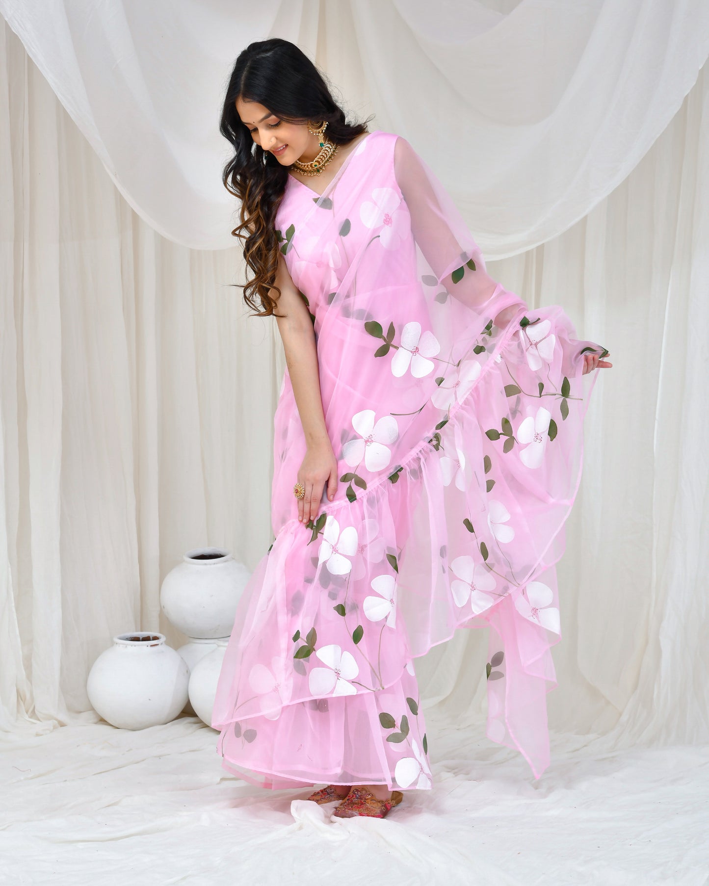 Pink Organza Hand Painted Gown Saree