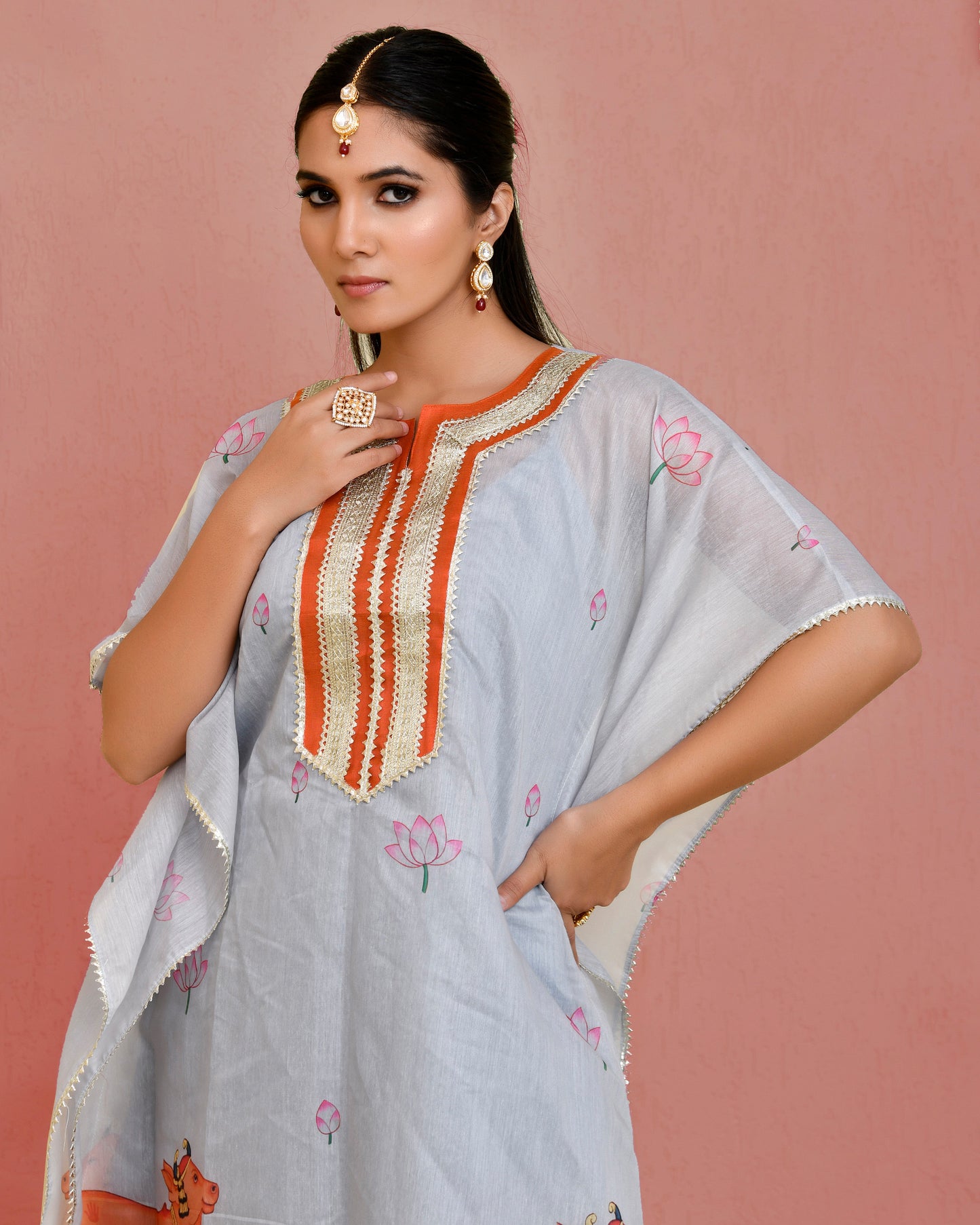 Kamdhenu Chanderi Gota Grey Kaftan Set