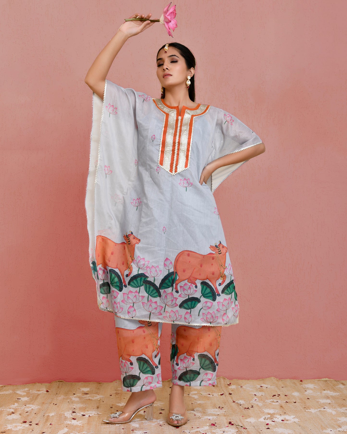 Kamdhenu Chanderi Gota Grey Kaftan Set