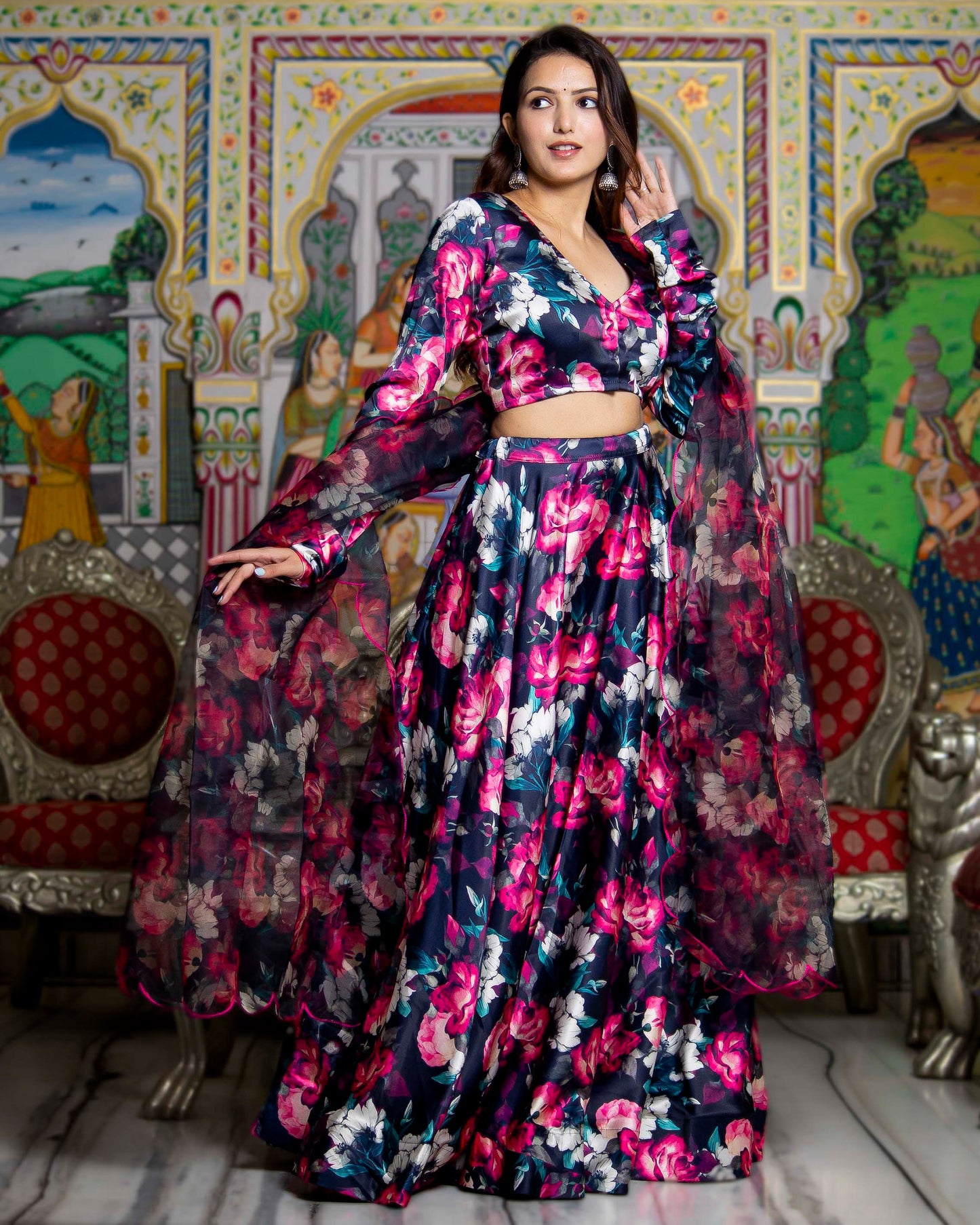 Raat Rani Satin Black Lehenga Set