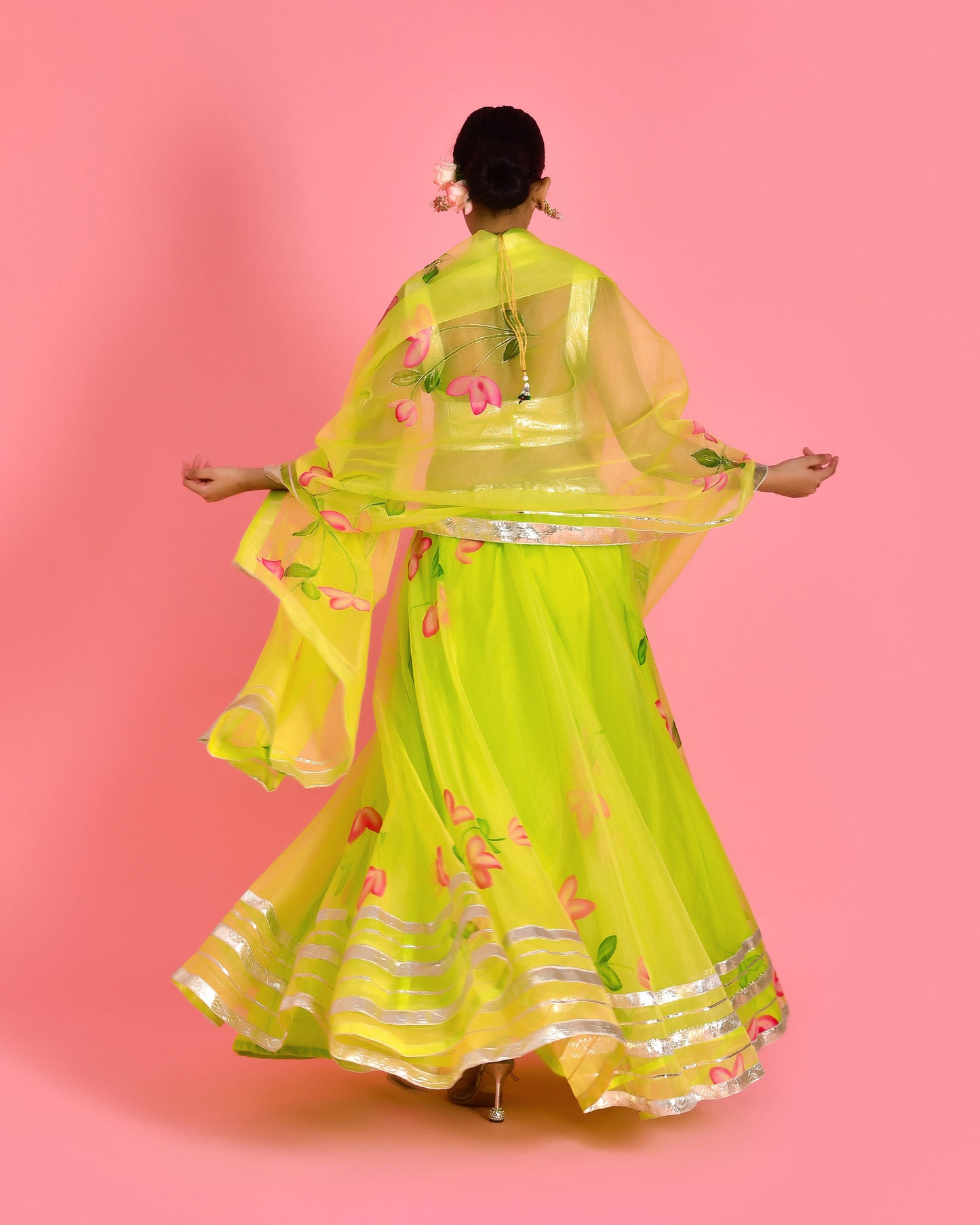 Leela Hand Painted Organza Green Lehenga  Set