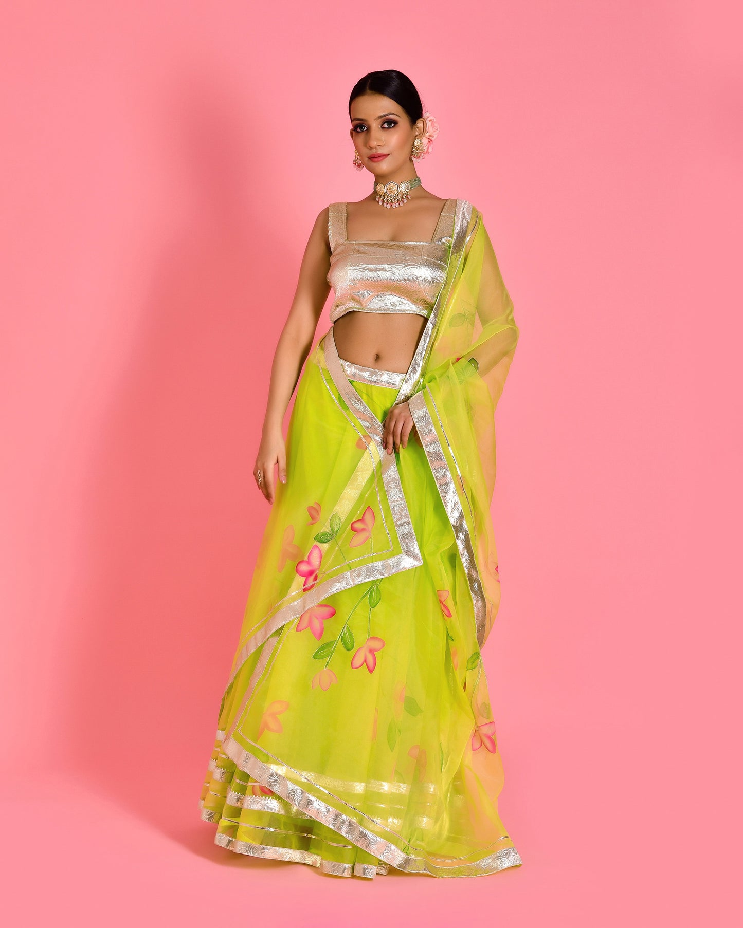 Leela Hand Painted Organza Green Lehenga  Set