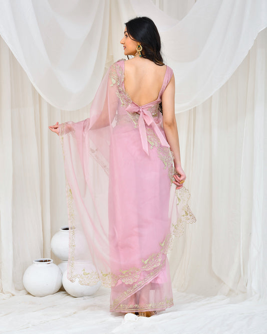 Rose Gold Organza Aari Embroidered Sangeet Saree