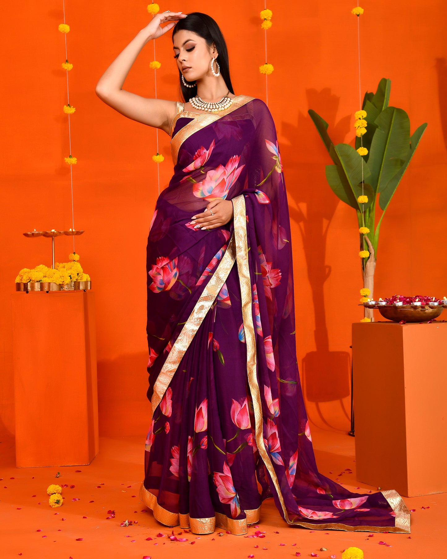 Purple Chiffon Gota work Embroidered Saree