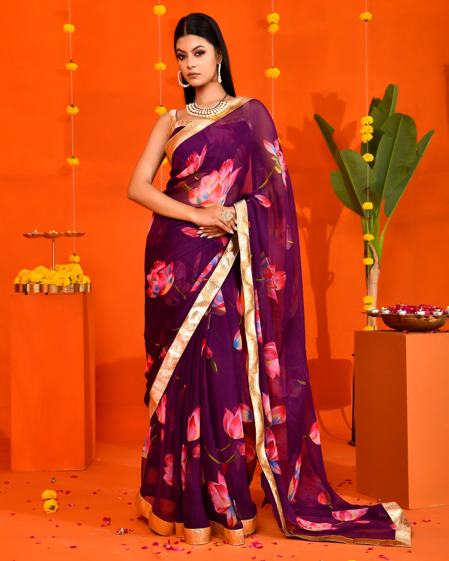 Purple Chiffon Gota work Embroidered Saree