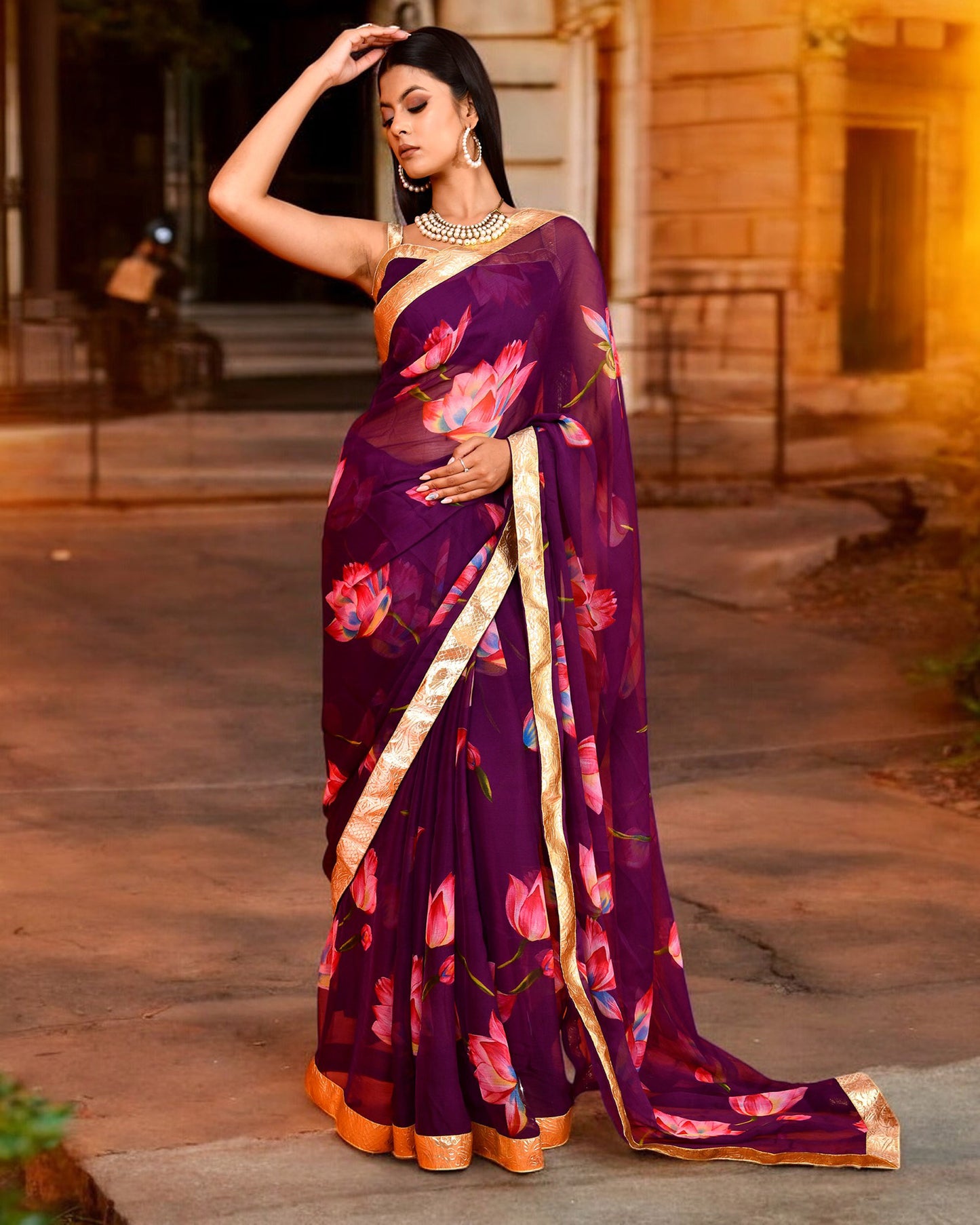 Purple Chiffon Gota work Embroidered Saree