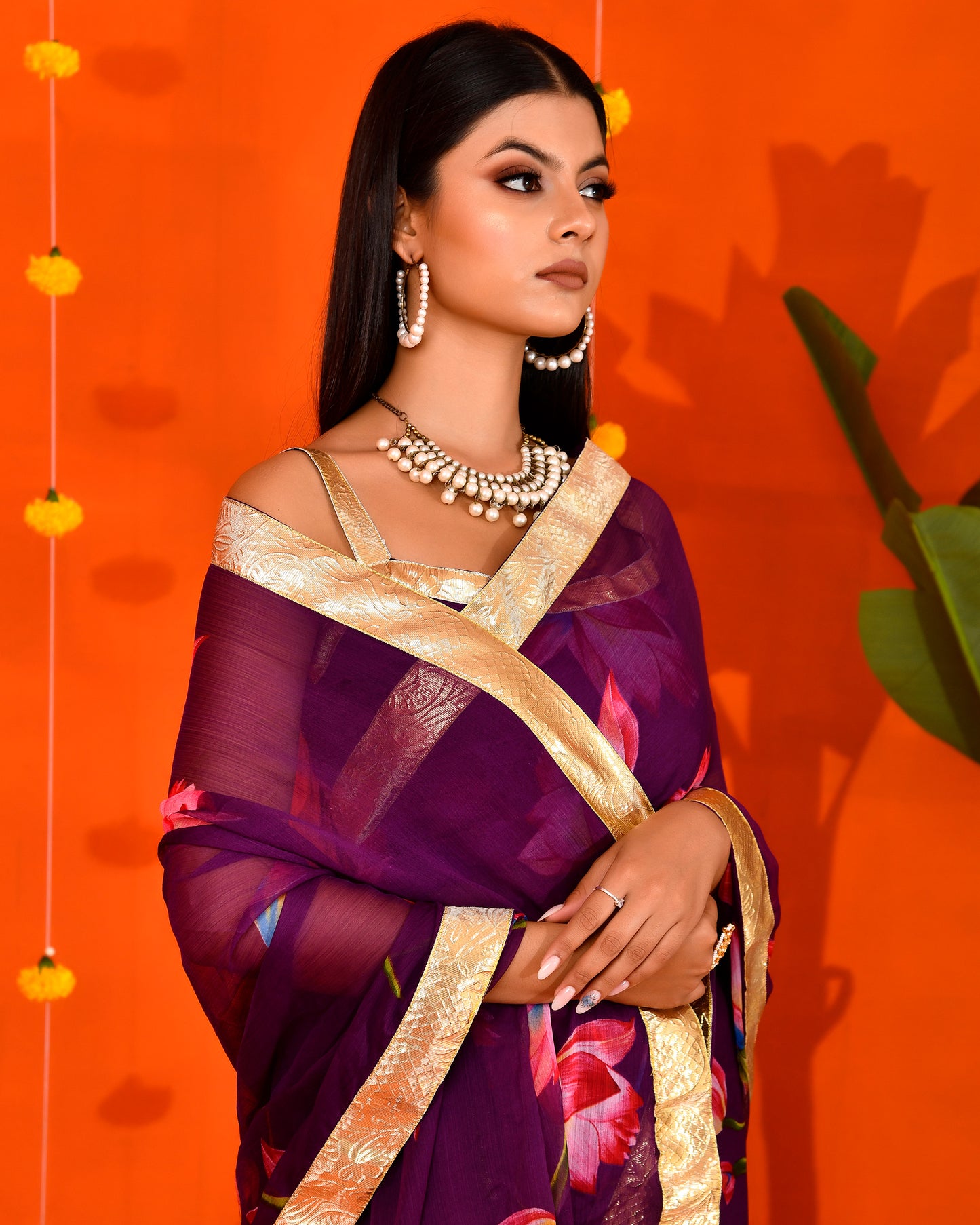 Purple Chiffon Gota work Embroidered Saree