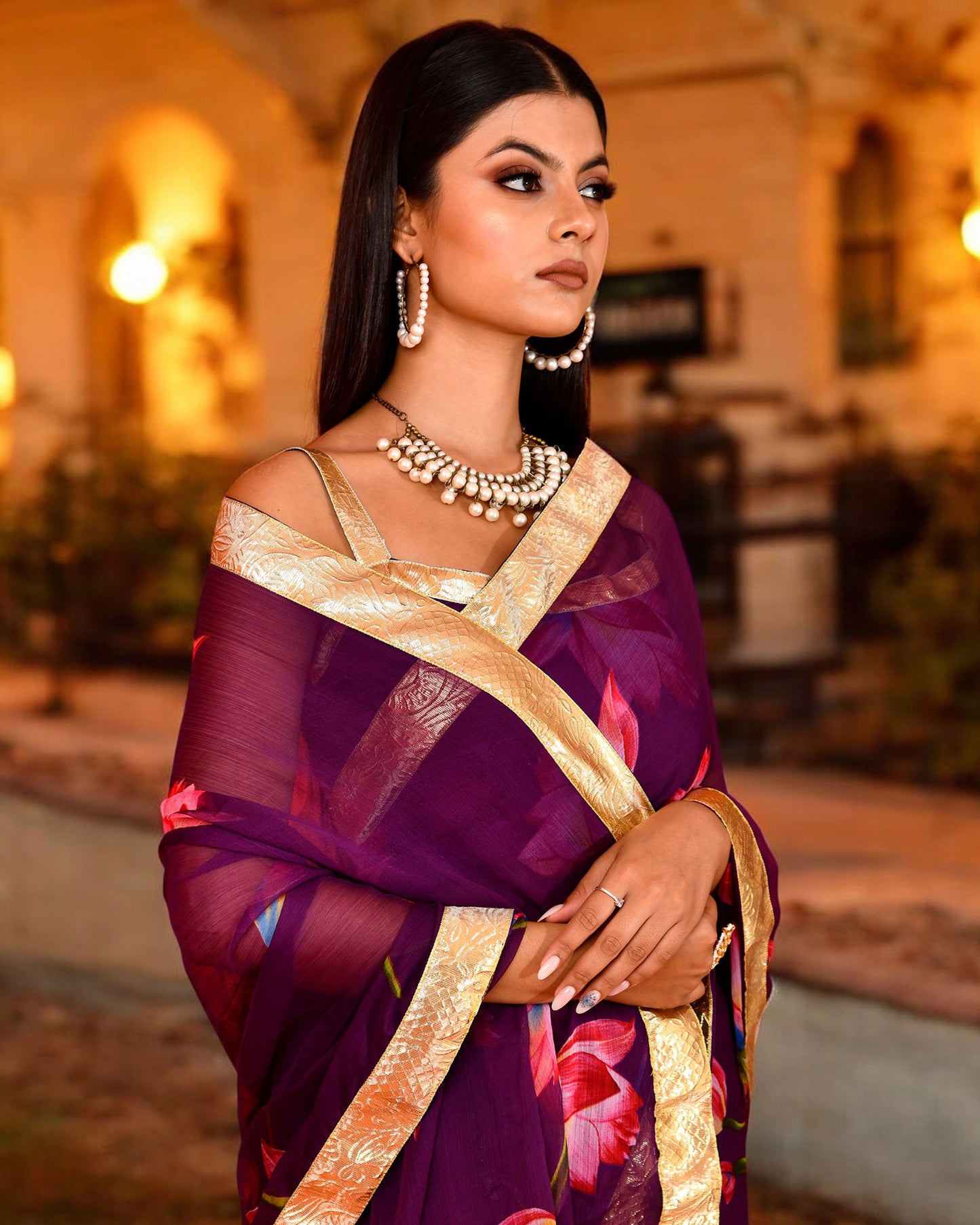 Purple Chiffon Gota work Embroidered Saree