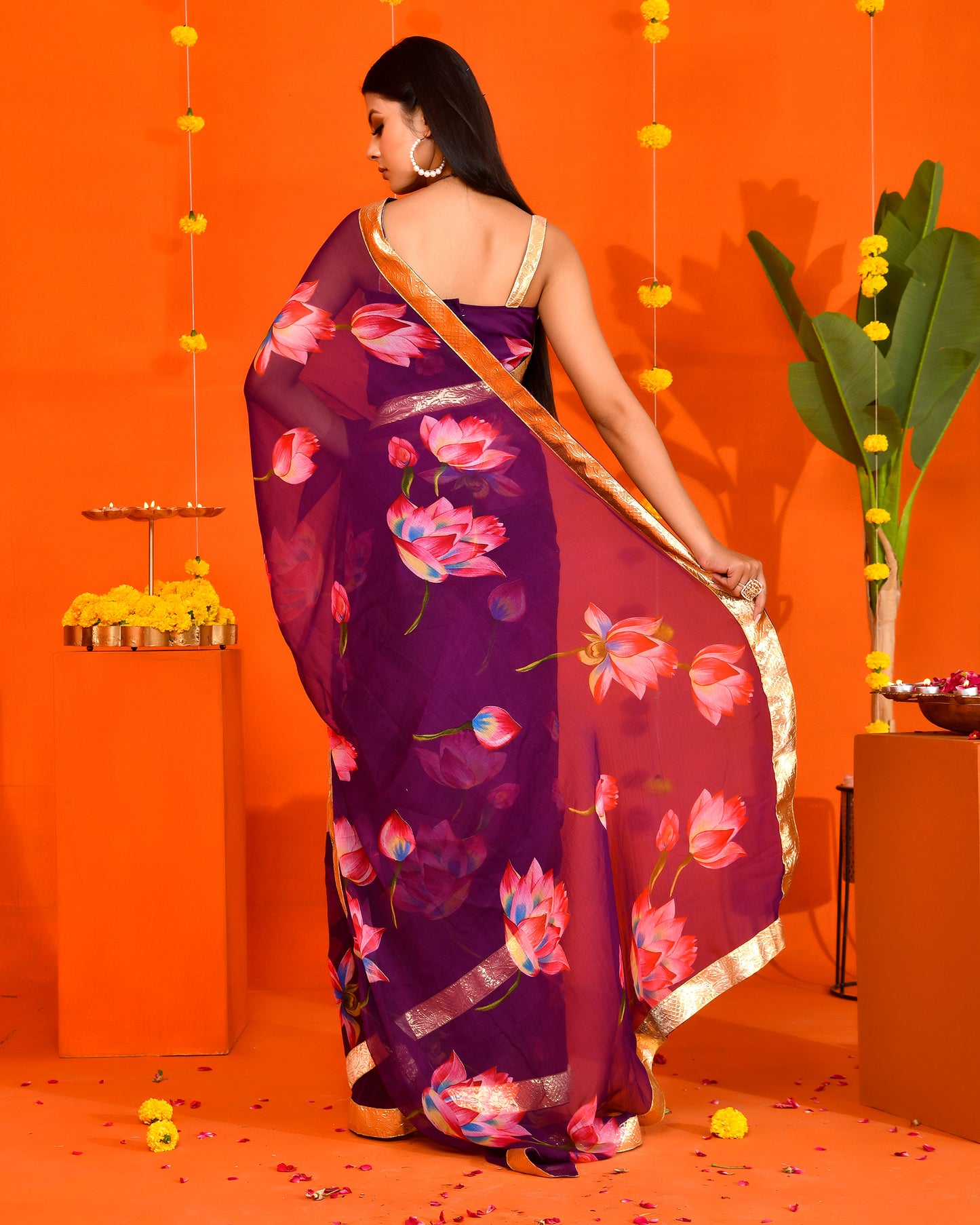 Purple Chiffon Gota work Embroidered Saree