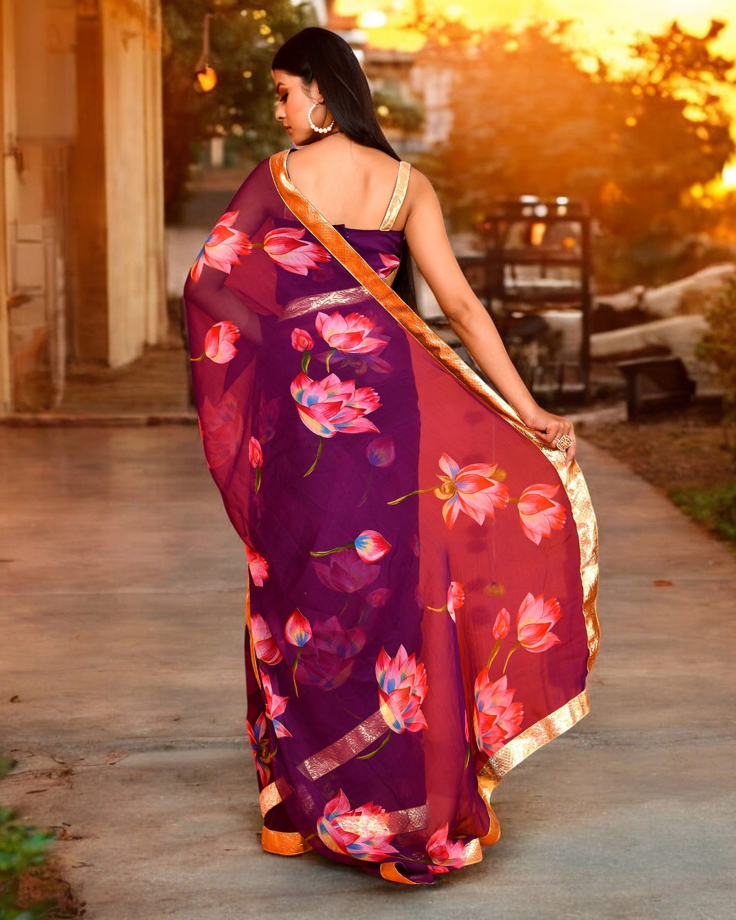 Purple Chiffon Gota work Embroidered Saree