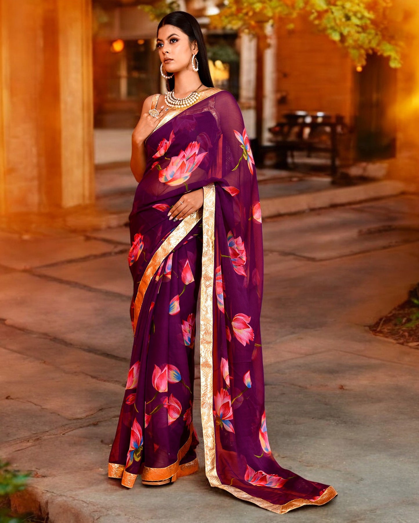 Purple Chiffon Gota work Embroidered Saree