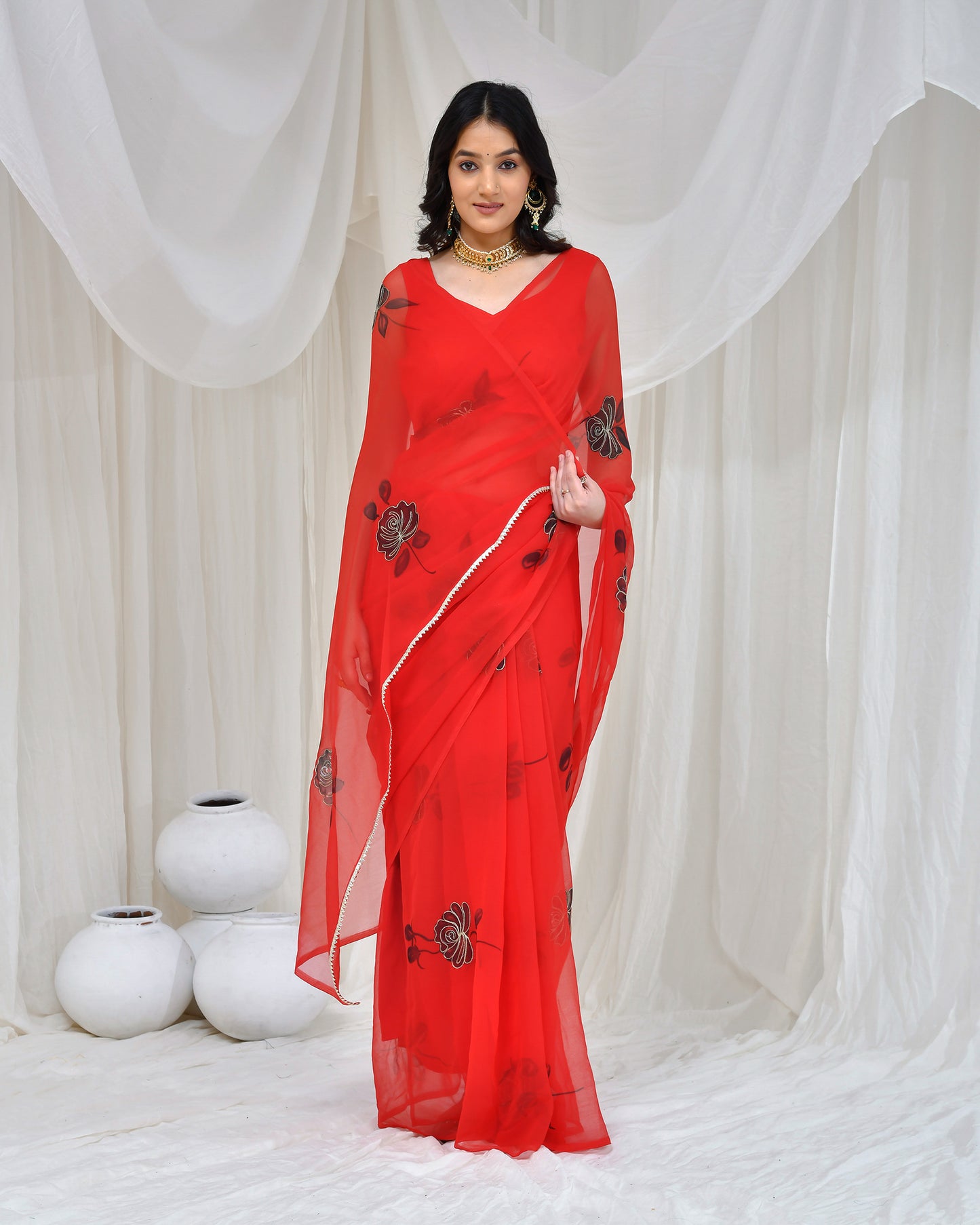 Red Georgette Hand Painted Cocktail Saree