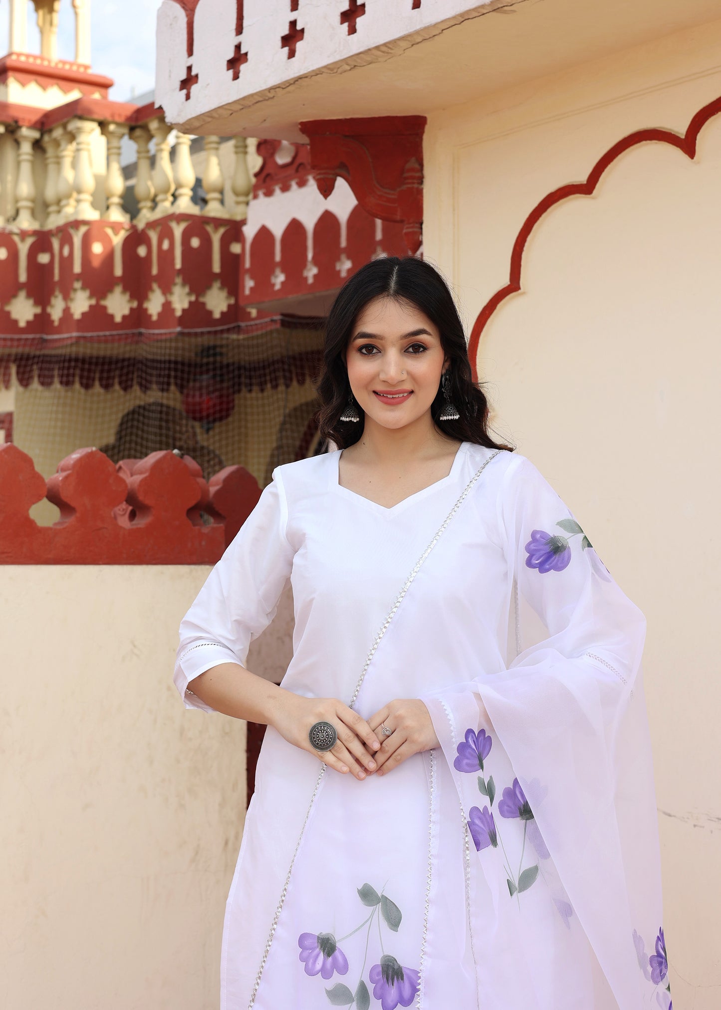 Morning Glory Taffeta Silk White Hand Painted Suit Set