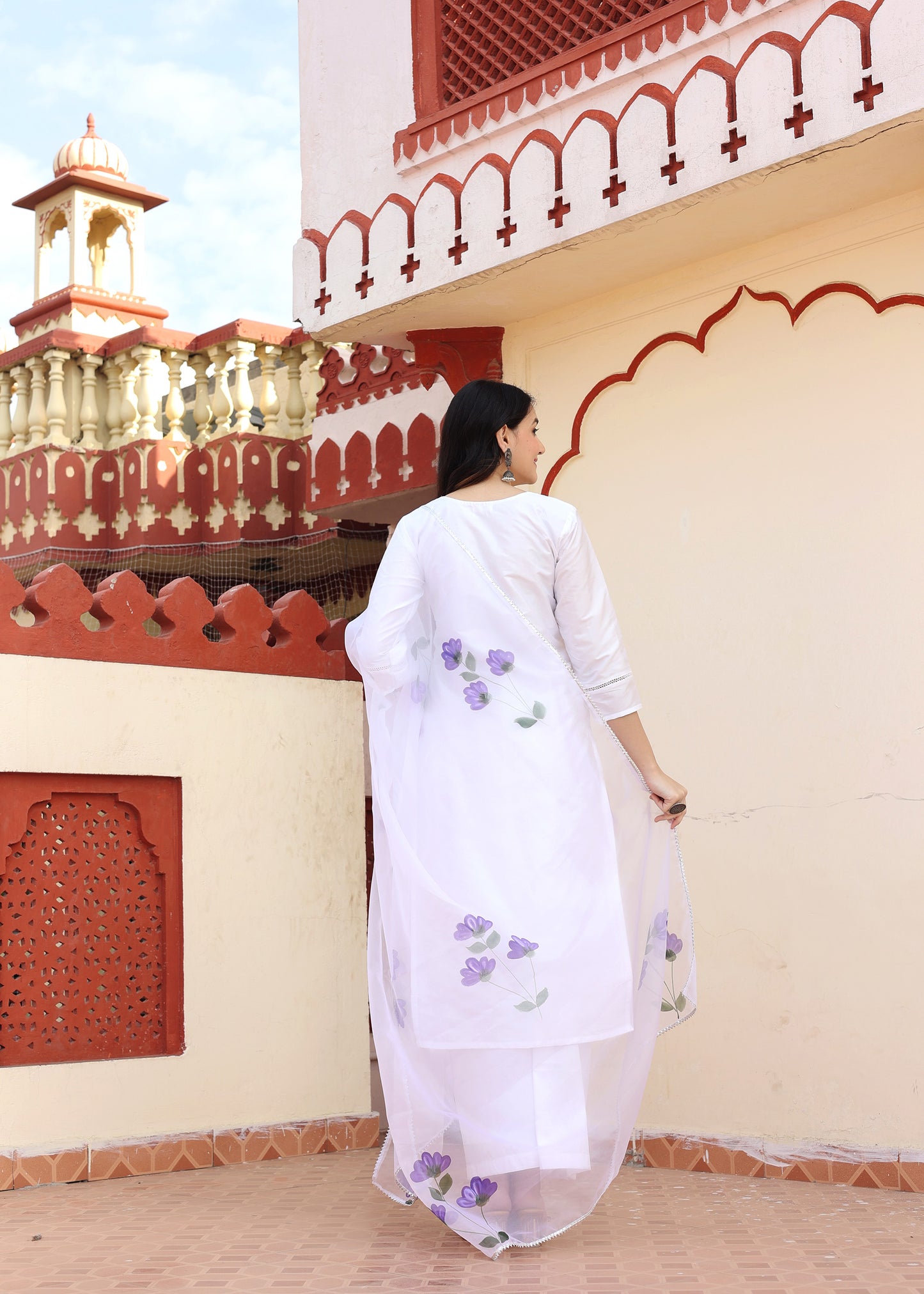 Morning Glory Taffeta Silk White Hand Painted Suit Set